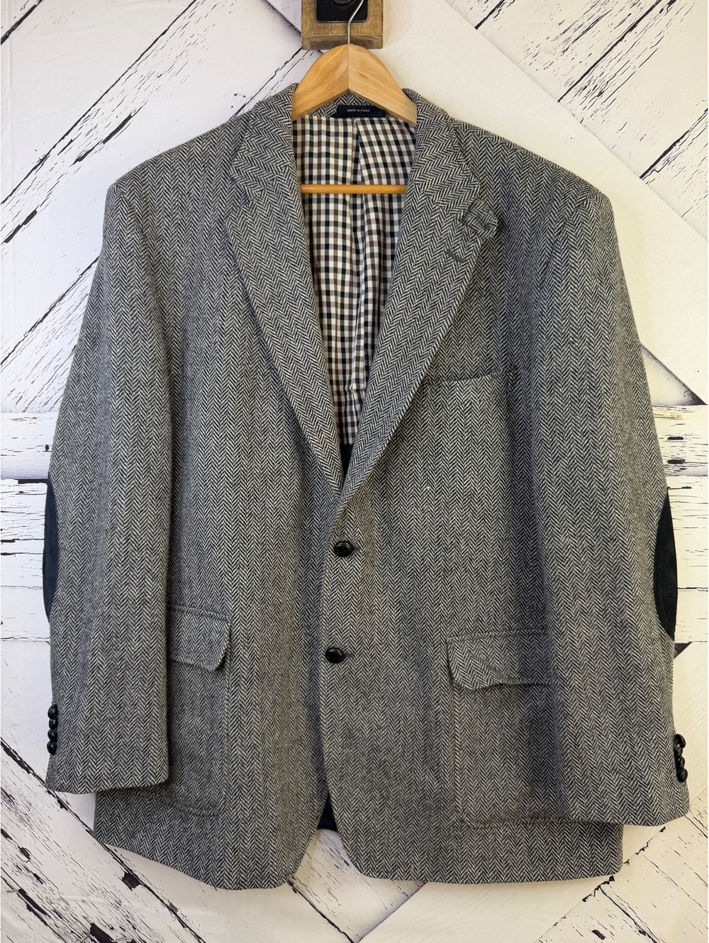 Lauren Ralph Lauren Men's Grey Herringbone Wool Blazer Elbow Patches 46R